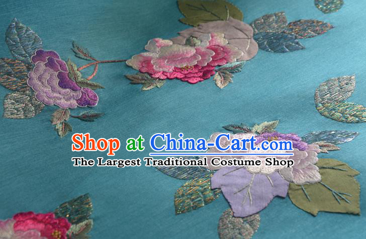 Chinese Embroidered Peony Blue Silk Traditional Hanfu Silk Fabric