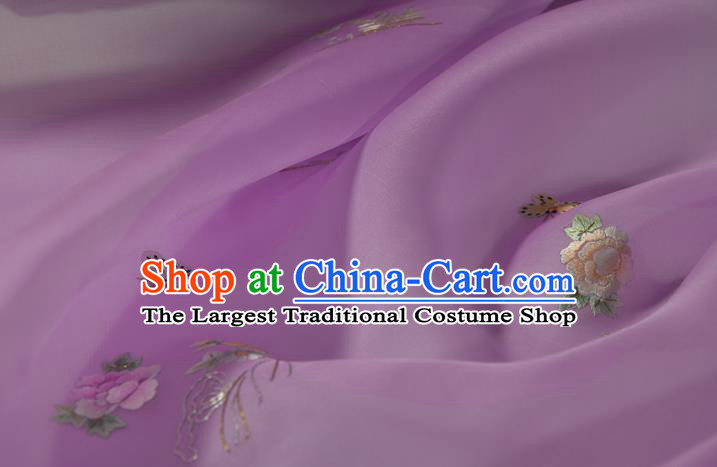 Chinese Suzhou Embroidered Peony Purple Silk Traditional Hanfu Silk Fabric