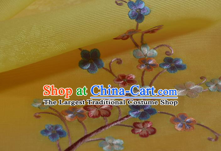 Chinese Yellow Silk Material Traditional Hanfu Embroidered Plum Blossom Silk Fabric