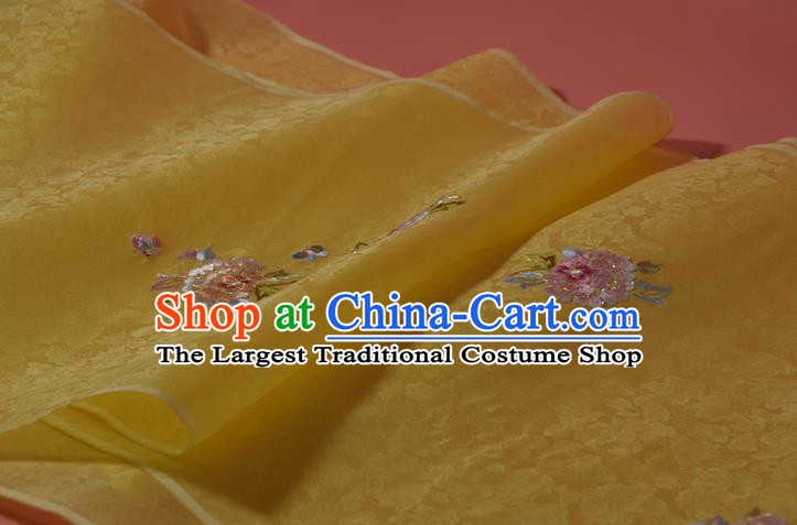 Chinese Embroidered Peony Yellow Silk Material Traditional Hanfu Silk Fabric