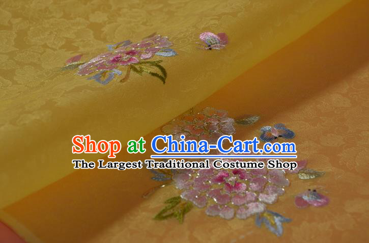 Chinese Embroidered Peony Yellow Silk Material Traditional Hanfu Silk Fabric