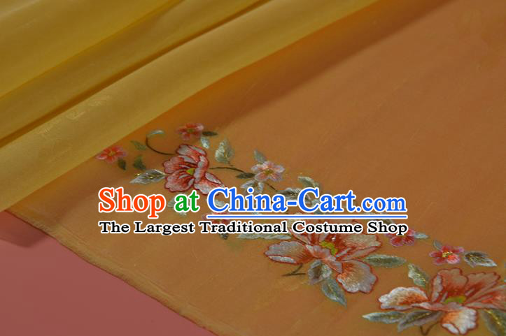 Chinese Embroidered Flowers Silk Material Traditional Hanfu Yellow Silk Fabric