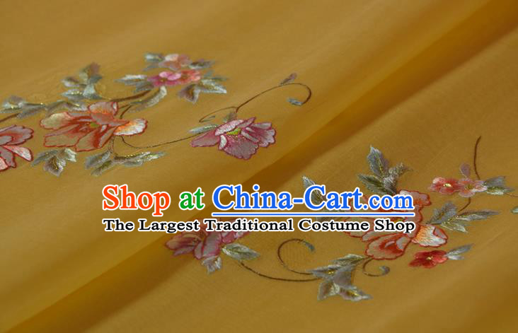 Chinese Embroidered Flowers Silk Material Traditional Hanfu Yellow Silk Fabric