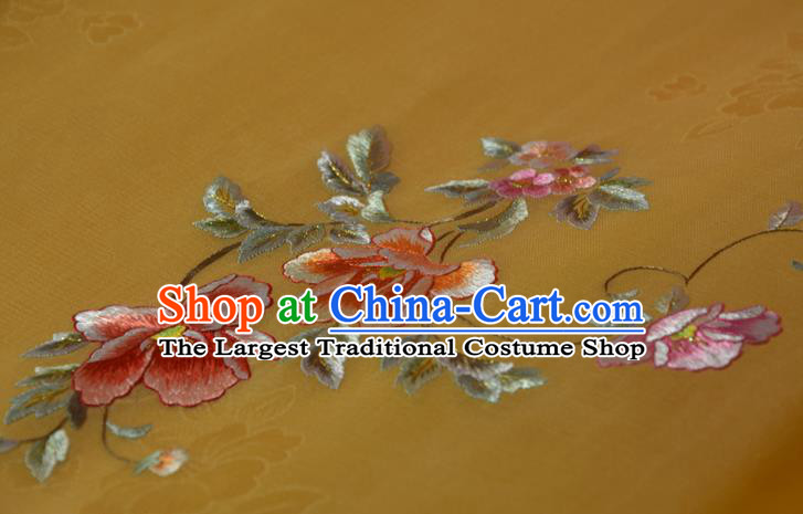 Chinese Traditional Hanfu Yellow Silk Fabric Embroidered Flowers Silk Material