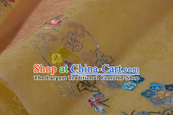 Chinese Traditional Hanfu Dress Light Yellow Silk Fabric Embroidered Plum Butterfly Silk Material
