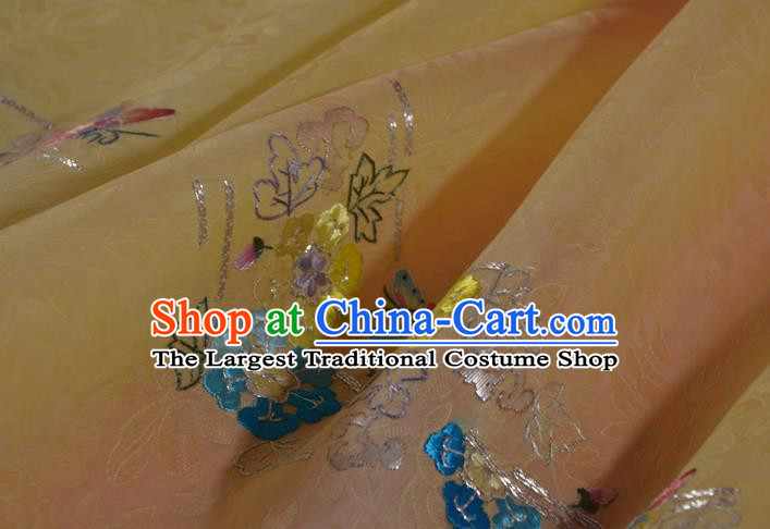Chinese Traditional Hanfu Dress Light Yellow Silk Fabric Embroidered Plum Butterfly Silk Material