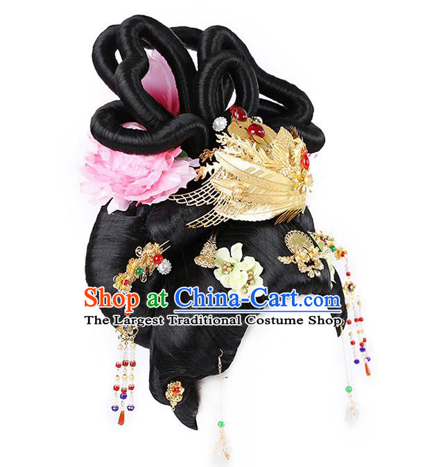 Chinese Ancient Queen Wig Sheath Traditional Tang Dynasty Imperial Consort Wigs Chignon and Hairpins