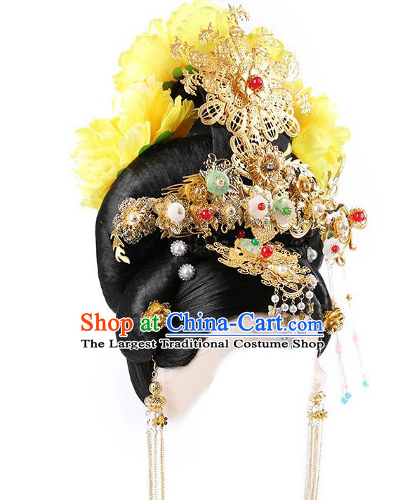 Chinese Ancient Court Woman Wig Sheath Traditional Tang Dynasty Wigs Chignon and Hair Accessories
