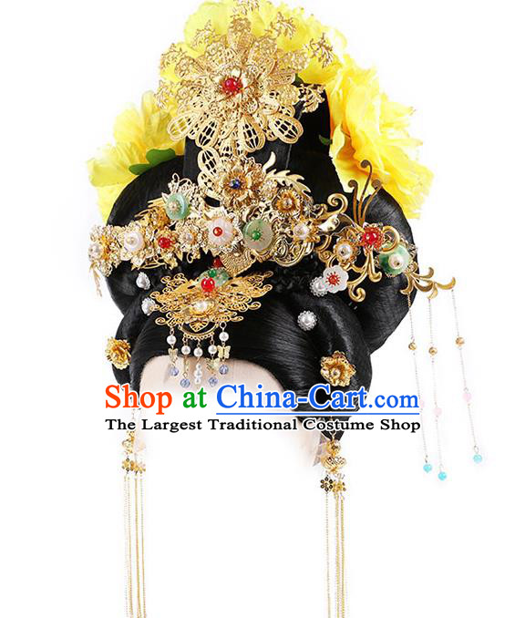Chinese Ancient Court Woman Wig Sheath Traditional Tang Dynasty Wigs Chignon and Hair Accessories
