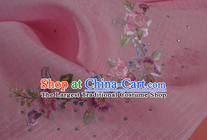 Chinese Classical Peach Flowers Pattern Silk Material Traditional Hanfu Dress Embroidered Pink Silk Fabric