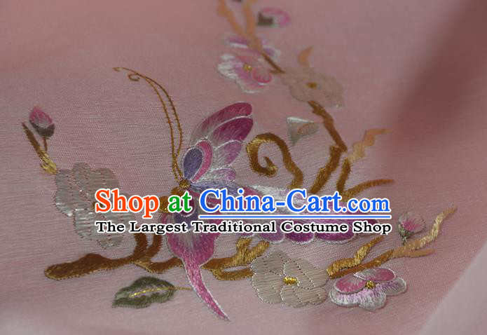 Chinese Classical Butterfly Plum Pattern Silk Material Traditional Hanfu Dress Embroidered Light Pink Silk Fabric