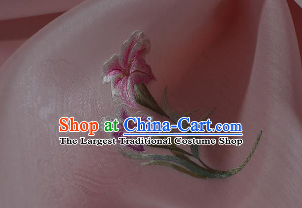Chinese Traditional Hanfu Dress Jacquard Peacock Pink Silk Fabric Classical Embroidered Lily Flowers Pattern Silk Material