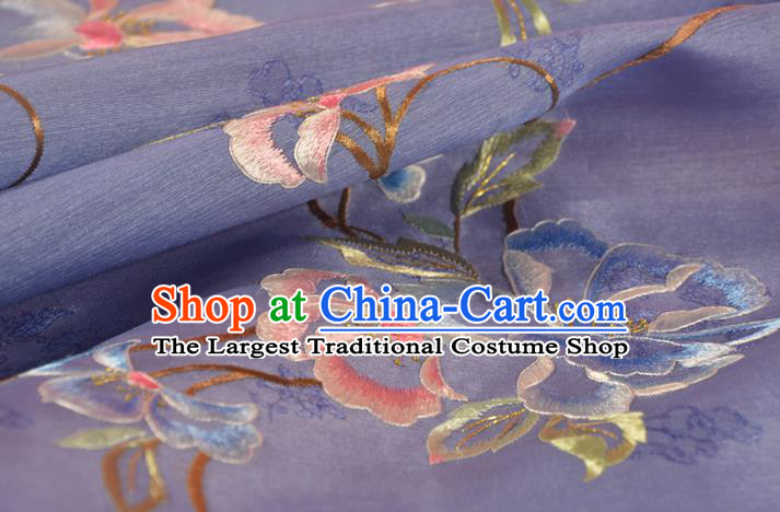 Chinese Traditional Hanfu Purple Silk Fabric Classical Embroidered Flowers Silk Material