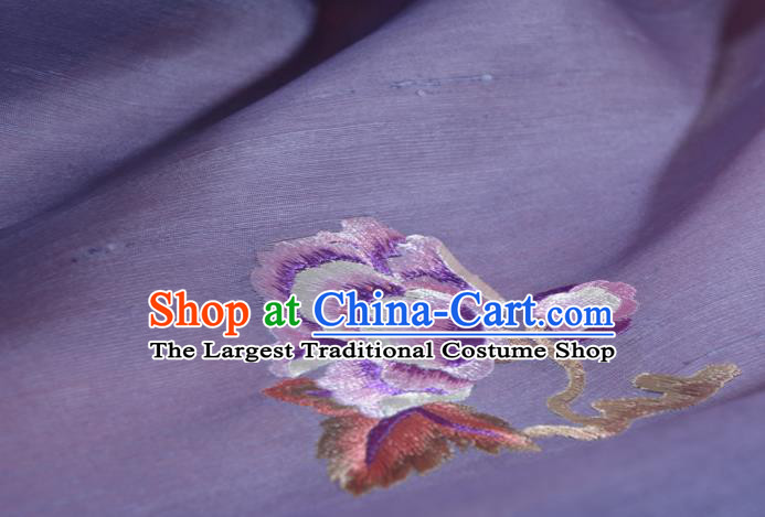 Chinese Traditional Hanfu Dark Purple Silk Fabric Classical Embroidered Peony Silk Material