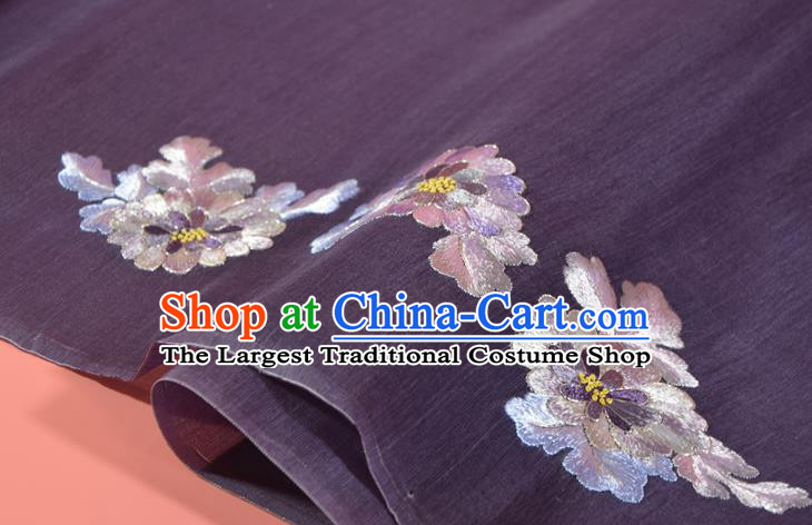 Chinese Traditional Hanfu Deep Purple Silk Fabric Classical Embroidered Chrysanthemum Silk Material