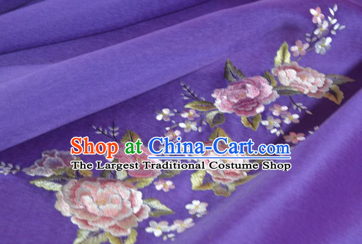 Chinese Classical Violet Silk Fabric Traditional Hanfu Embroidered Peony Silk Material