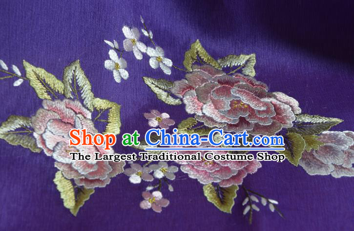 Chinese Classical Violet Silk Fabric Traditional Hanfu Embroidered Peony Silk Material