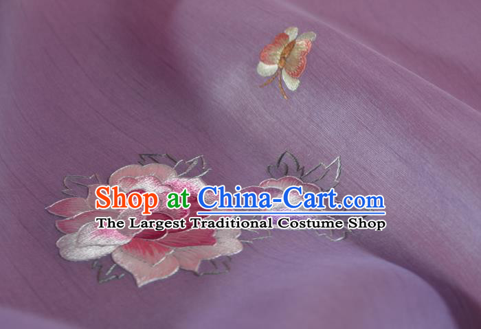 Chinese Classical Light Purple Silk Fabric Traditional Hanfu Embroidered Peony Butterfly Silk Material