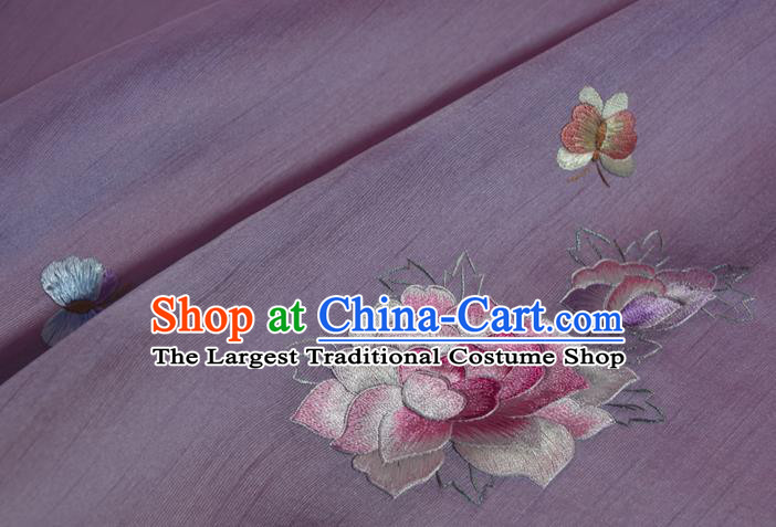 Chinese Classical Light Purple Silk Fabric Traditional Hanfu Embroidered Peony Butterfly Silk Material