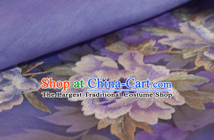 Chinese Classical Natural Silk Material Traditional Hanfu Embroidered Purple Peony Silk Fabric
