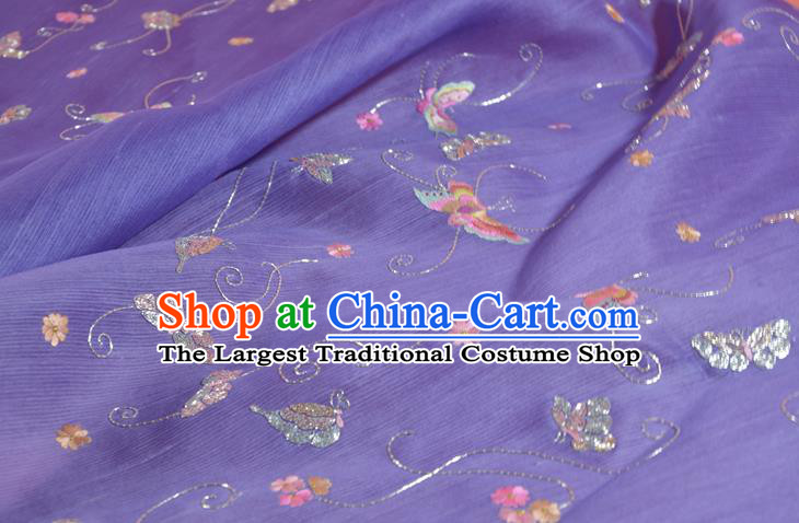 Chinese Classical Violet Natural Silk Material Traditional Hanfu Embroidered Butterfly Silk Fabric