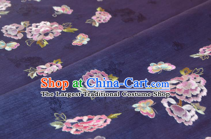 Chinese Classical Dark Purple Natural Silk Material Traditional Hanfu Embroidered Peony Flowers Silk Fabric