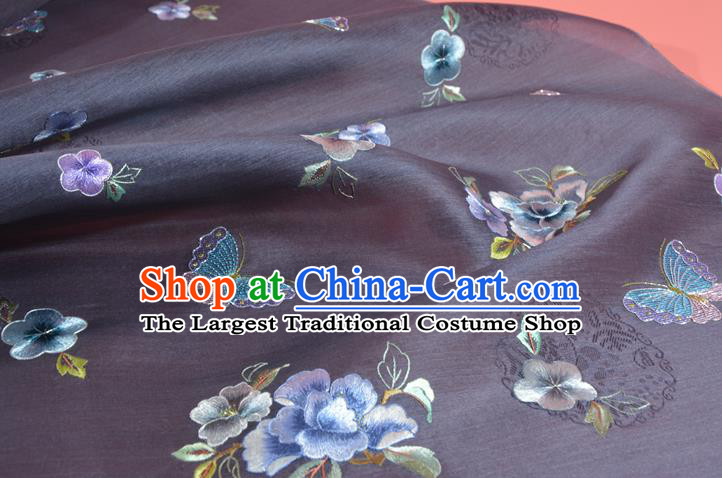 Chinese Classical Grey Purple Natural Silk Material Traditional Hanfu Embroidered Flowers Butterfly Silk Fabric