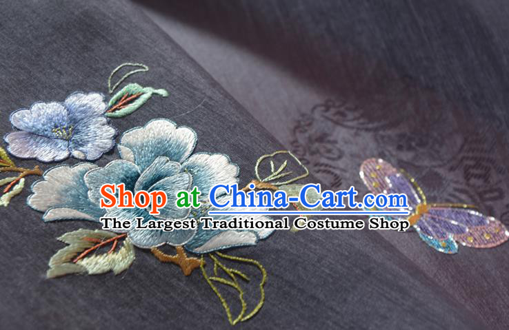 Chinese Classical Grey Purple Natural Silk Material Traditional Hanfu Embroidered Flowers Butterfly Silk Fabric