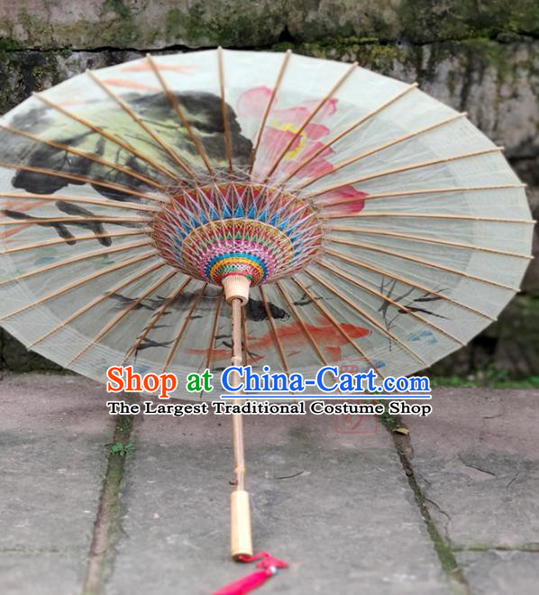 Traditional China White Oil Paper Umbrella Handmade Umbrellas Artware Ink Painting Lotus Fishes Umbrella