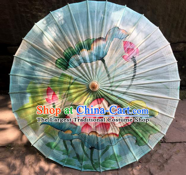 Traditional China Handmade Umbrellas Artware Painting Lotus Umbrella Light Blue Oil Paper Umbrella