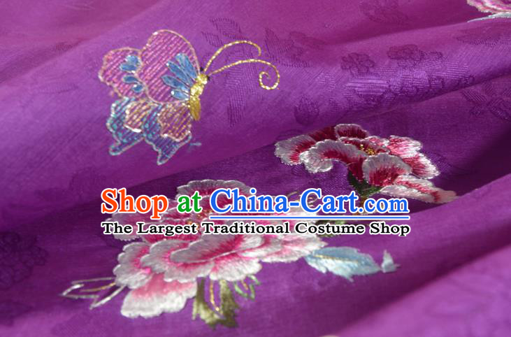 Traditional Handmade Embroidered Peony Butterfly Purple Silk Korean Hanbok Silk Fabric