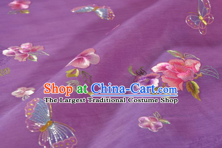 Traditional Korean Hanbok Violet Silk Fabric Handmade Embroidered Flowers Butterfly Silk Textile