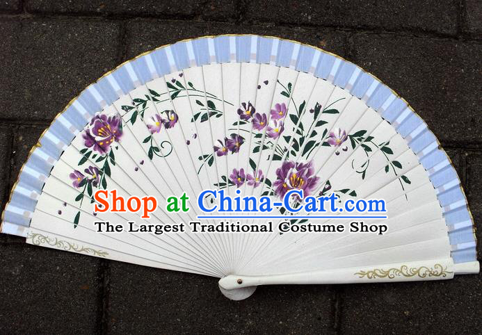 Handmade China Silk Accordion Traditional Printing Purple Flowers Folding Fan Wood Fan