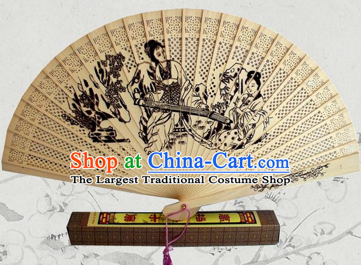 Handmade China Ink Painting Palace Beauty Accordion Traditional Sandalwood Folding Fan Wood Fan