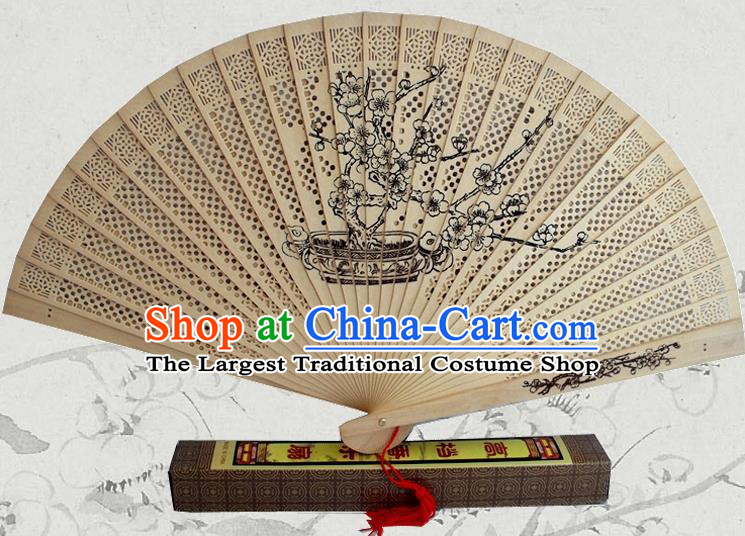Handmade China Traditional Sandalwood Folding Fan Wood Fan Ink Painting Plum Blossom Accordion