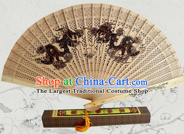 Handmade China Pierced Wood Fan Ink Painting Dragons Accordion Traditional Sandalwood Folding Fan
