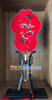 Handmade China Embroidered Red Silk Fan Traditional Wedding Fan Embroidery Butterfly Palace Fan