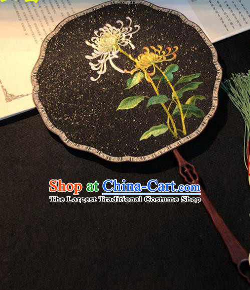 Handmade China Wedding Palace Fan Classical Dance Black Silk Fan Traditional Princess Embroidered Chrysanthemum Fan