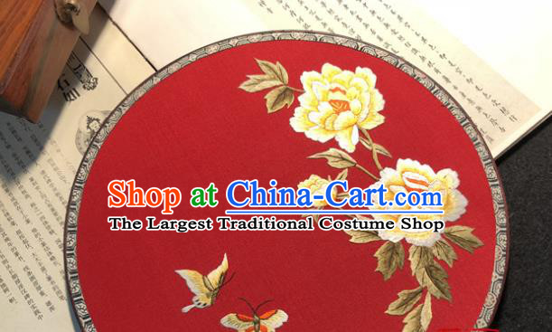 Handmade China Wedding Palace Fan Traditional Embroidered Peony Butterfly Circular Fan Classical Dance Red Silk Fan