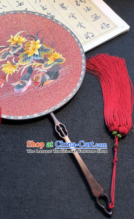 Handmade China Classical Dance Pink Silk Fan Ancient Princess Palace Fan Traditional Embroidered Mandarin Duck Circular Fan