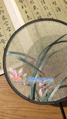 Handmade China Embroidered Orchids Silk Fan Princess Circular Fan Traditional Hanfu Fans Classical Palace Fan