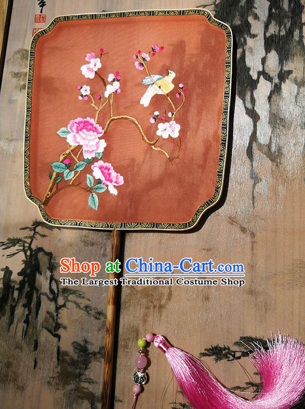 China Handmade Red Silk Fans Traditional Song Dynasty Hanfu Fan Embroidered Plum Peony Palace Fan