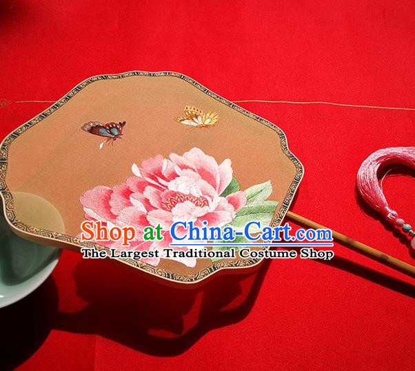 China Handmade Ginger Silk Fans Classical Palace Fan Traditional Double Sides Embroidered Peony Fan