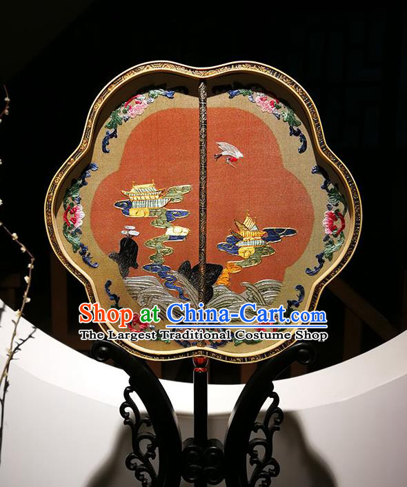 China Handmade Red Silk Fans Classical Palace Fan Traditional Embroidered Fan Wedding Fan