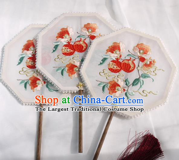 China Traditional Hanfu Fan Embroidered Pomegranate Palace Fan Handmade White Silk Octagon Fan