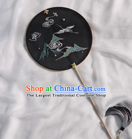 China Handmade Black Silk Circular Fan Traditional Hanfu Fan Embroidered Crane Palace Fan