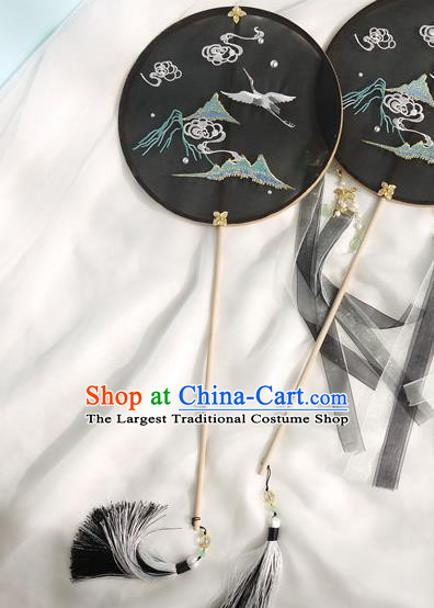 China Handmade Black Silk Circular Fan Traditional Hanfu Fan Embroidered Crane Palace Fan