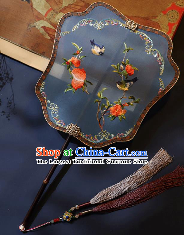 China Traditional Ming Dynasty Hanfu Embroidered Fan Handmade Blue Silk Fan Classical Wedding Palace Fan