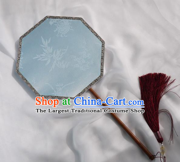 China Classical Plum Orchids Bamboo Chrysanthemum Pattern Palace Fan Traditional Hanfu Fan Handmade Blue Silk Octagon Fan