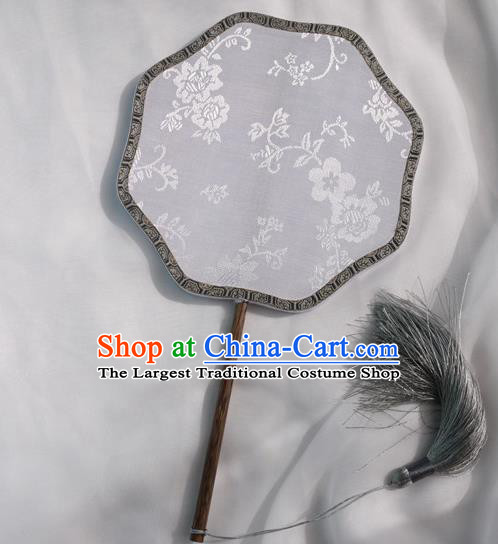 China Handmade Grey Silk Fan Classical Plum Blossom Pattern Palace Fan Traditional Hanfu Dance Fan